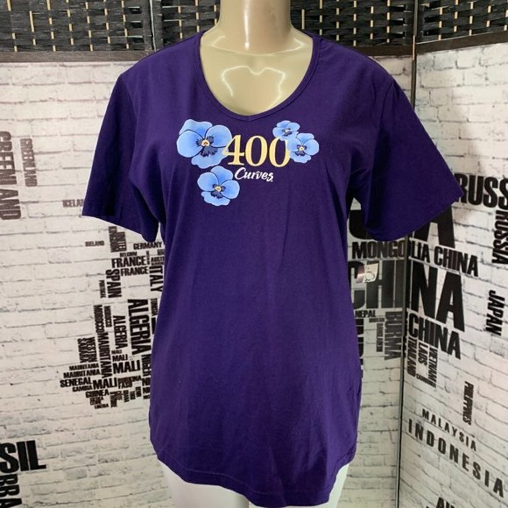 Curves Purple Floral Crew Neck Short Sleeve Top